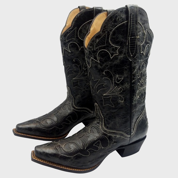 JB DILLON Shoes - JB Dillon Women's Cowboy Boots Black Goat Leather Sz 10B Western Distressed EUC